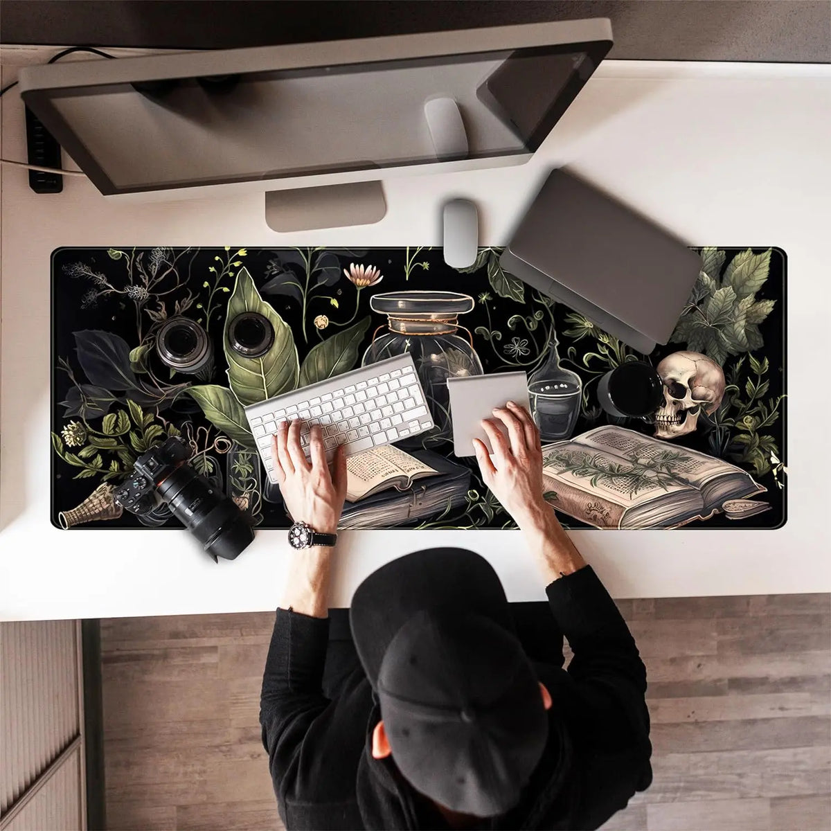 Large Black Desk Mat with Botanical Skull Print