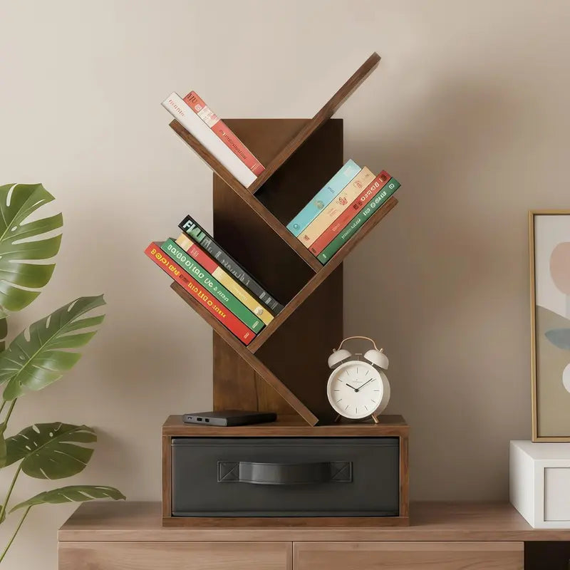 Rustic Brown Wooden Tree Bookshelf With Drawer