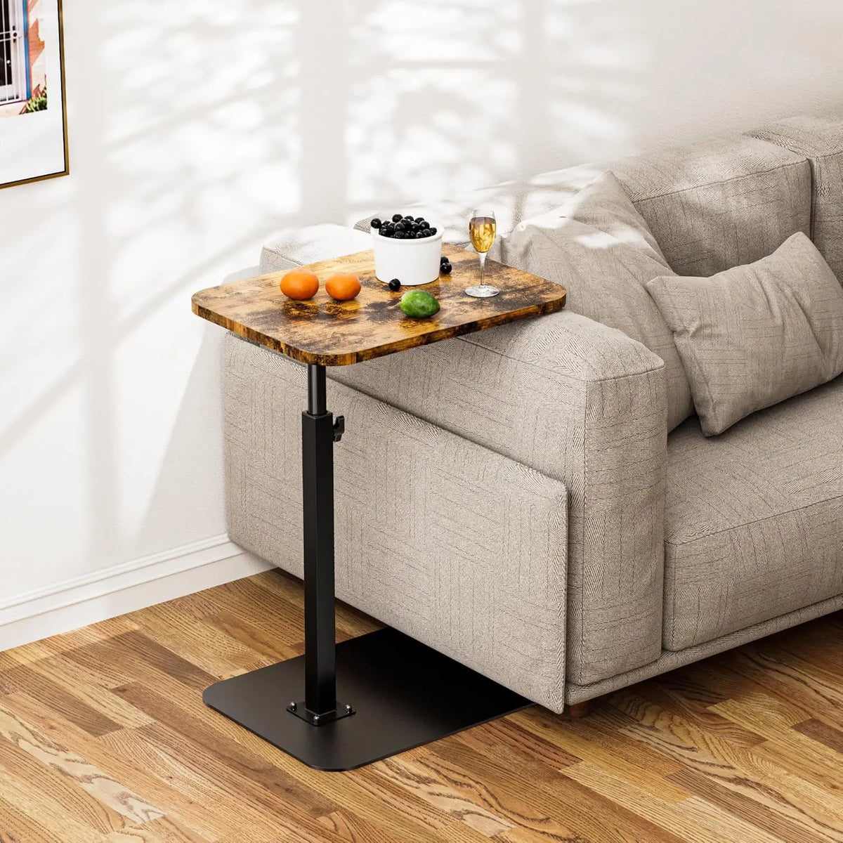 C-Shaped Side Table with Rustic Wood Top