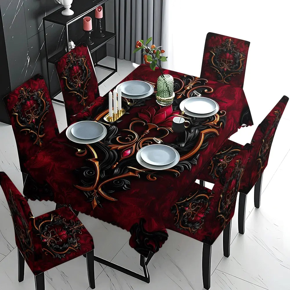 Dark Red Baroque Print Tablecloth and Chair Cover Set