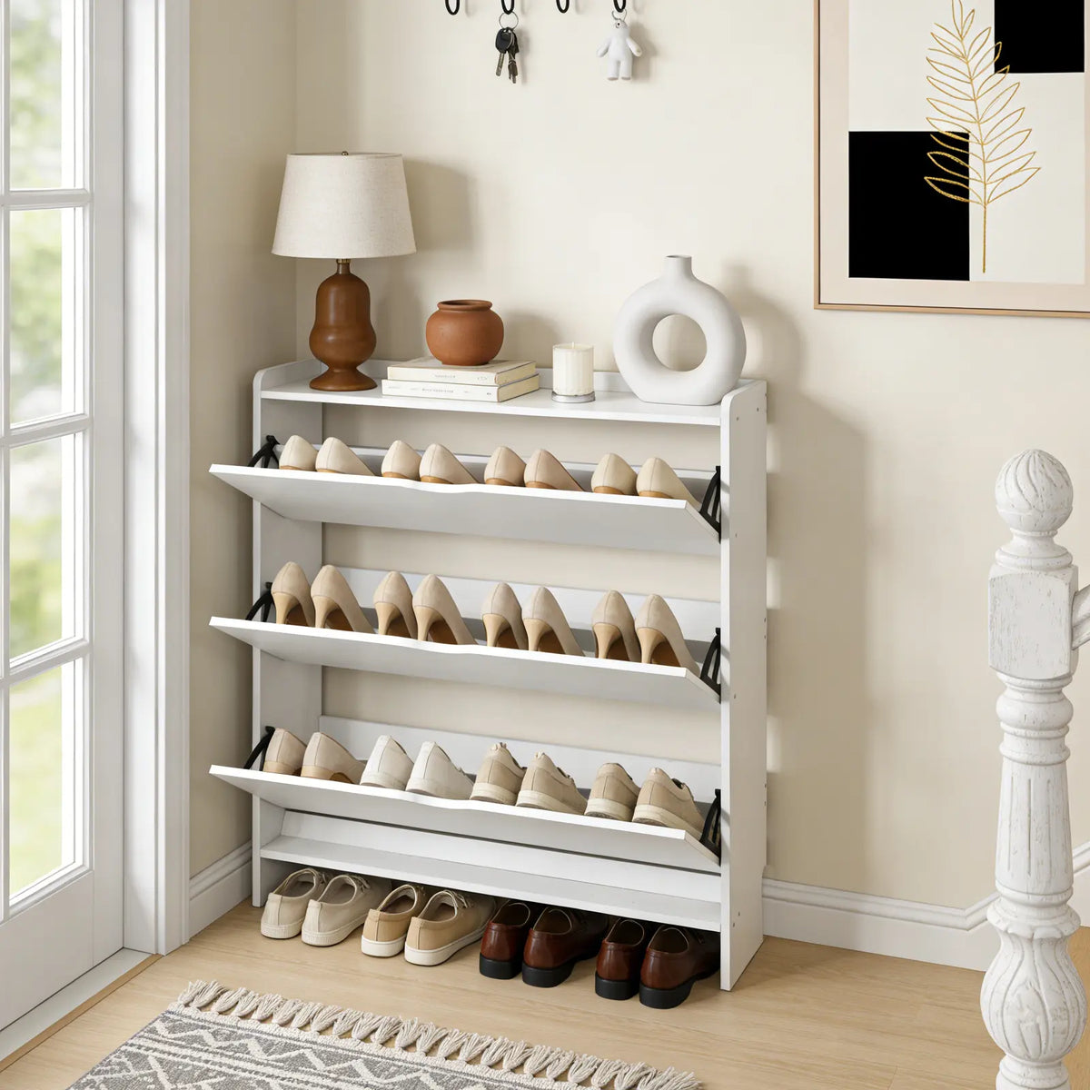 Slim White Shoe Cabinet With Three Flip Drawers