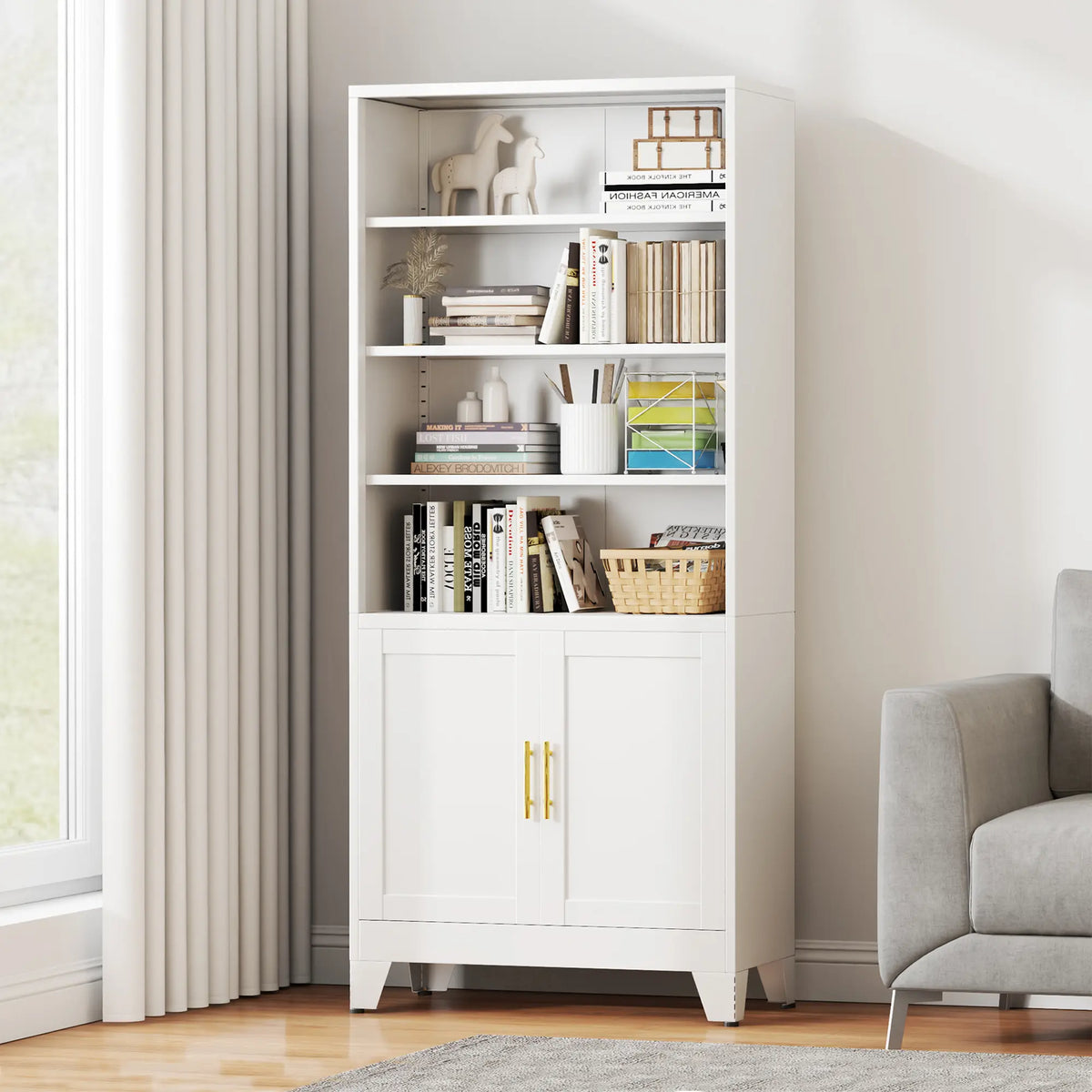 Tall White Bookcase with Lower Double Cabinet Doors