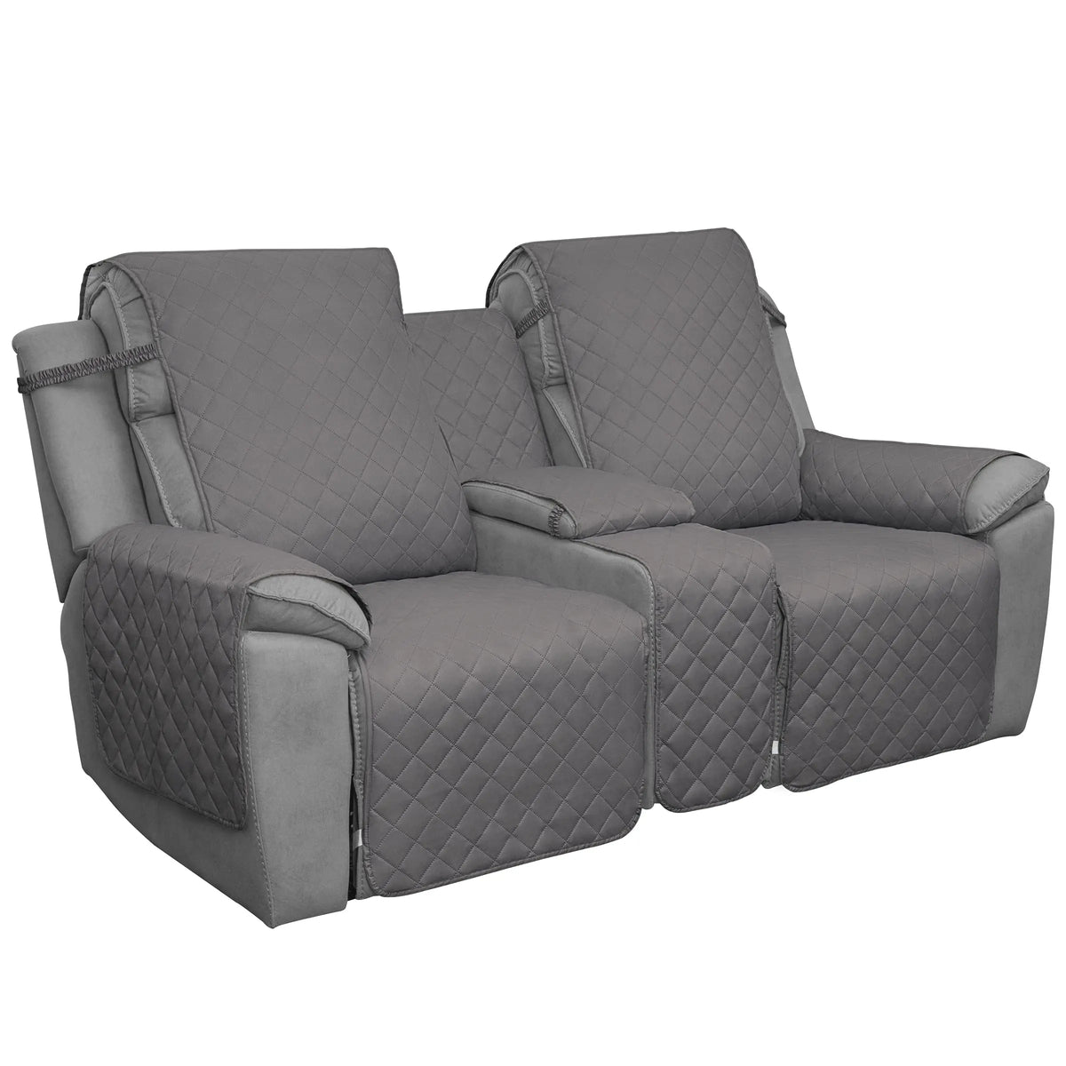 Gray Quilted Recliner Loveseat Cover with Console