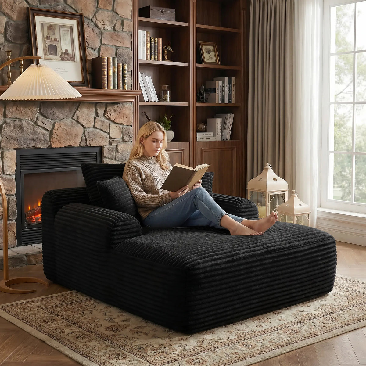 Black Corduroy Lounge Chaise with Low Armrests