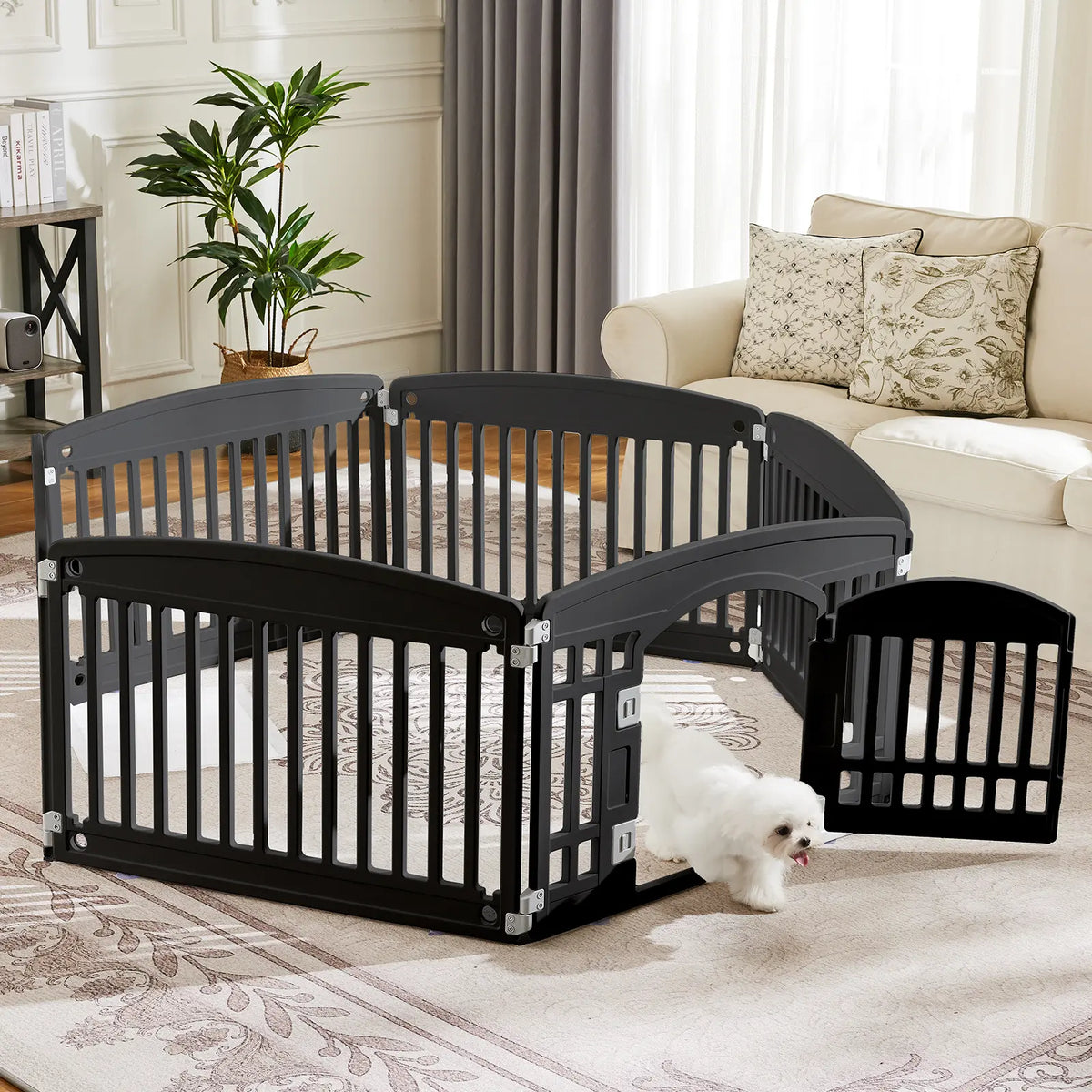 Black Six-Panel Plastic Pet Fence with Swing Door