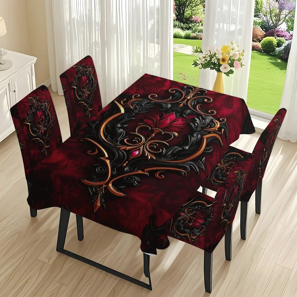 Dark Red Baroque Print Tablecloth and Chair Cover Set