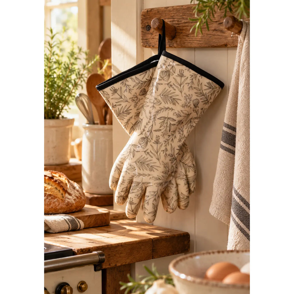 Cream Floral Print Oven Gloves with Black Edging