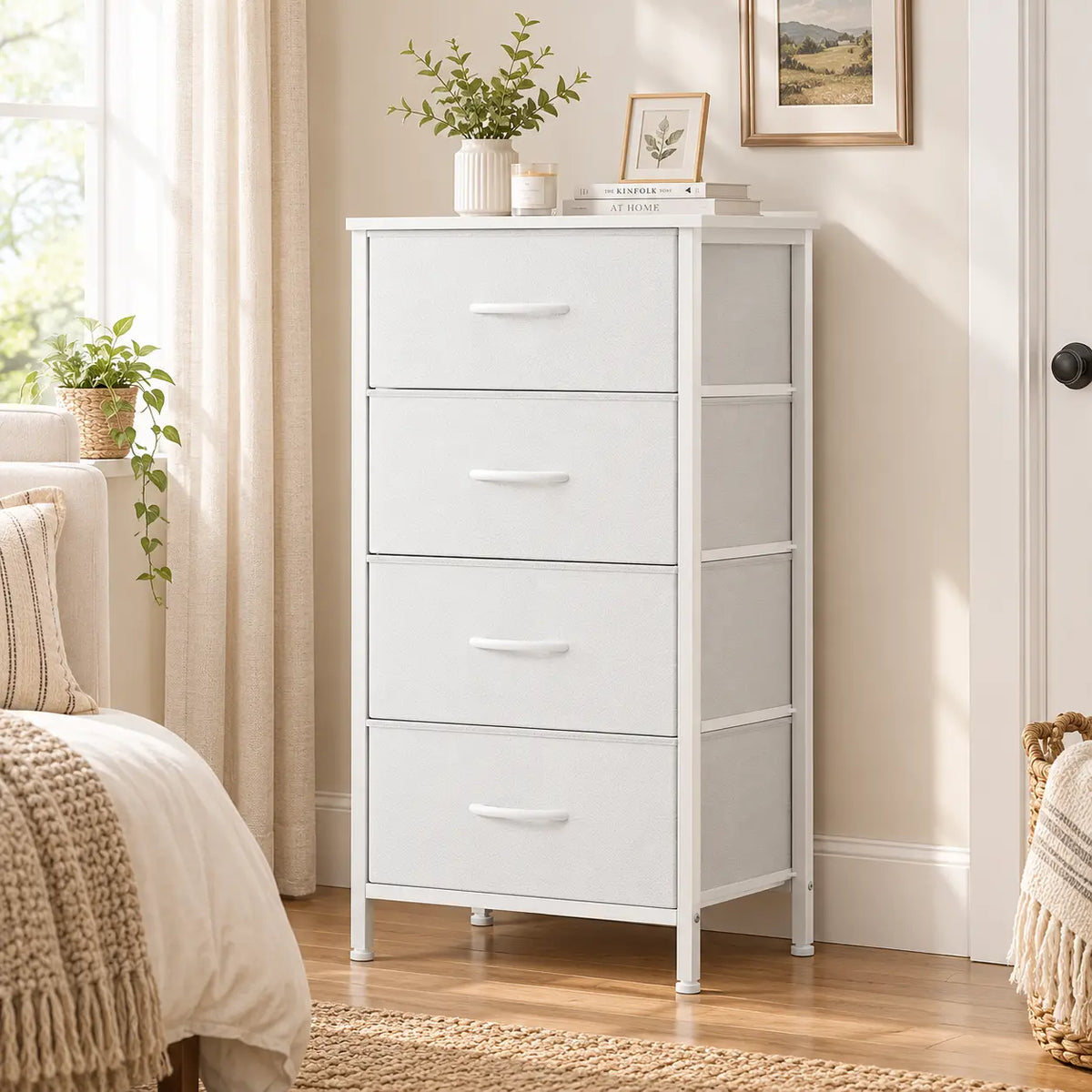 White Four-Drawer Fabric Dresser with Metal Frame