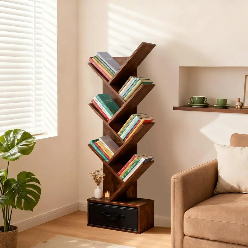 Rustic Brown Wooden Tree Bookshelf With Drawer