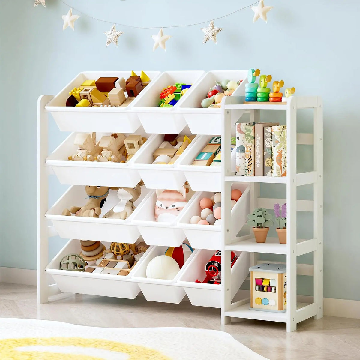 White Toy Organizer with Twelve Plastic Bins