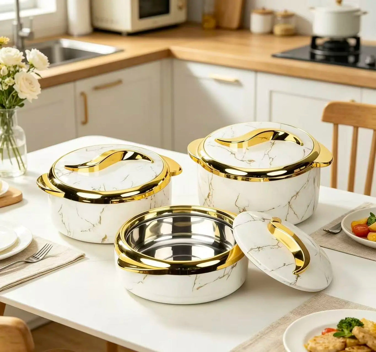 Marble Pattern Insulated Serving Pots with Gold Handles