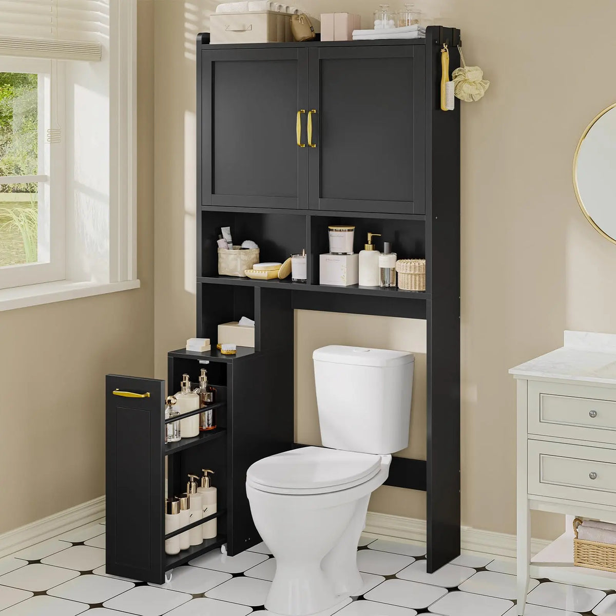 Black Over-Toilet Cabinet with Slide-Out Rack