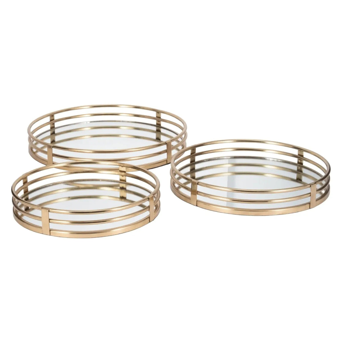 Round Gold Frame Mirrored Tray Set of Three