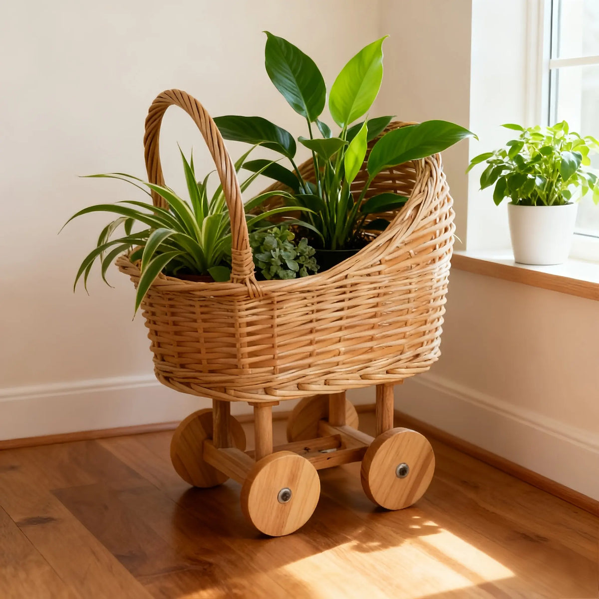 Woven Wicker Pram Basket on Wooden Wheels
