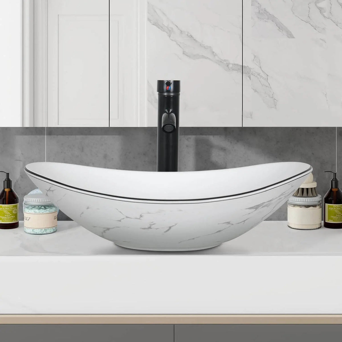 White Marble-Look Oval Countertop Vessel Sink