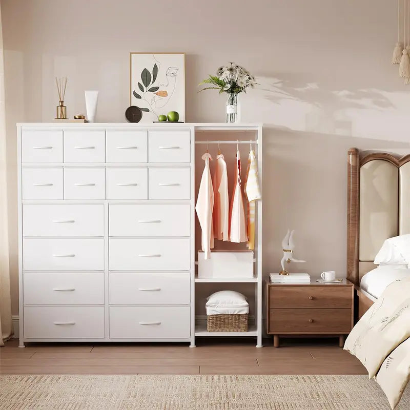 White Dresser with Fabric Drawers and Hanging Rail