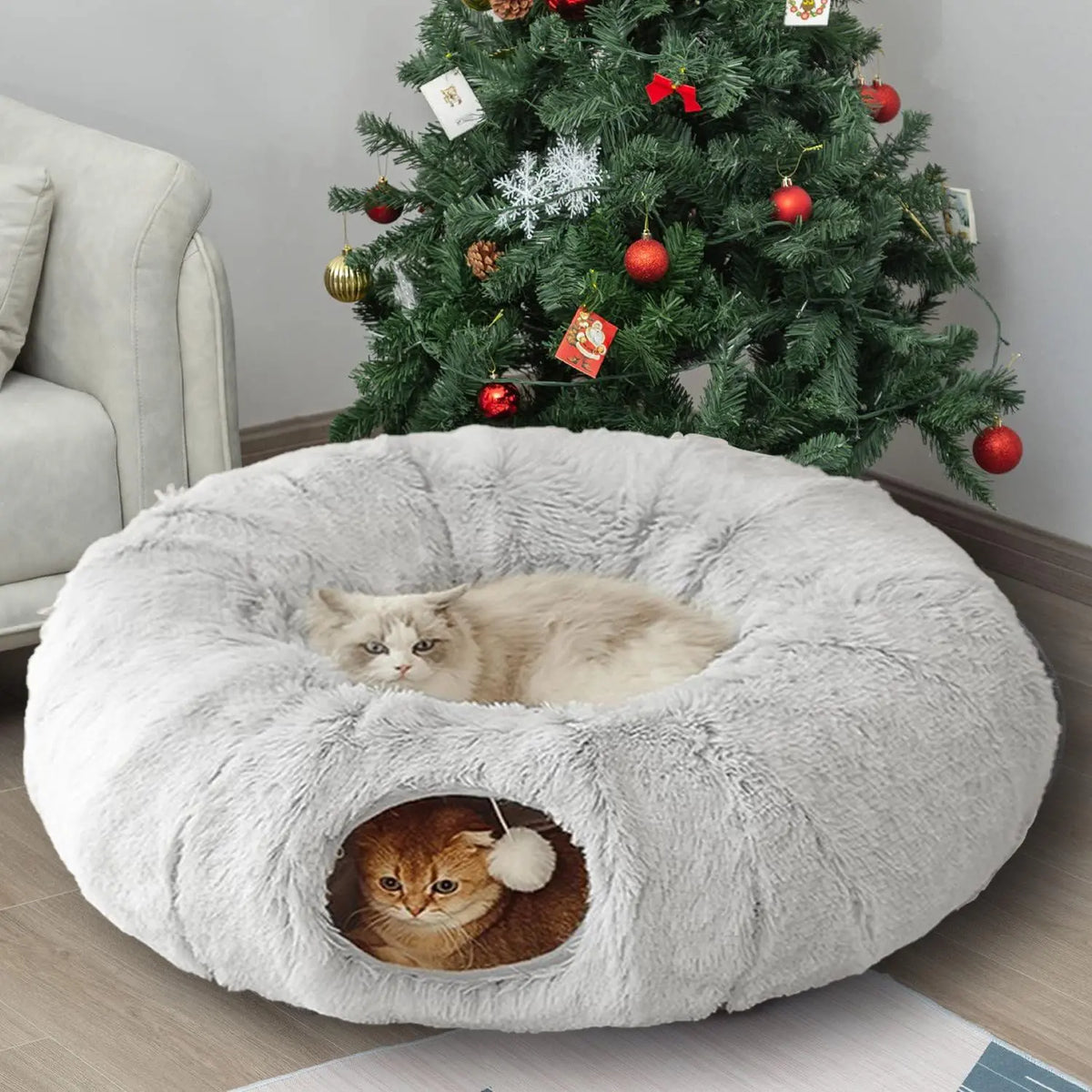 Grey Plush Donut Pet Bed with Tunnel