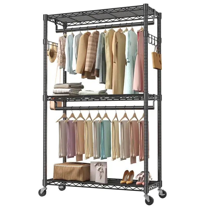 White Metal Rolling Garment Rack with Shelves