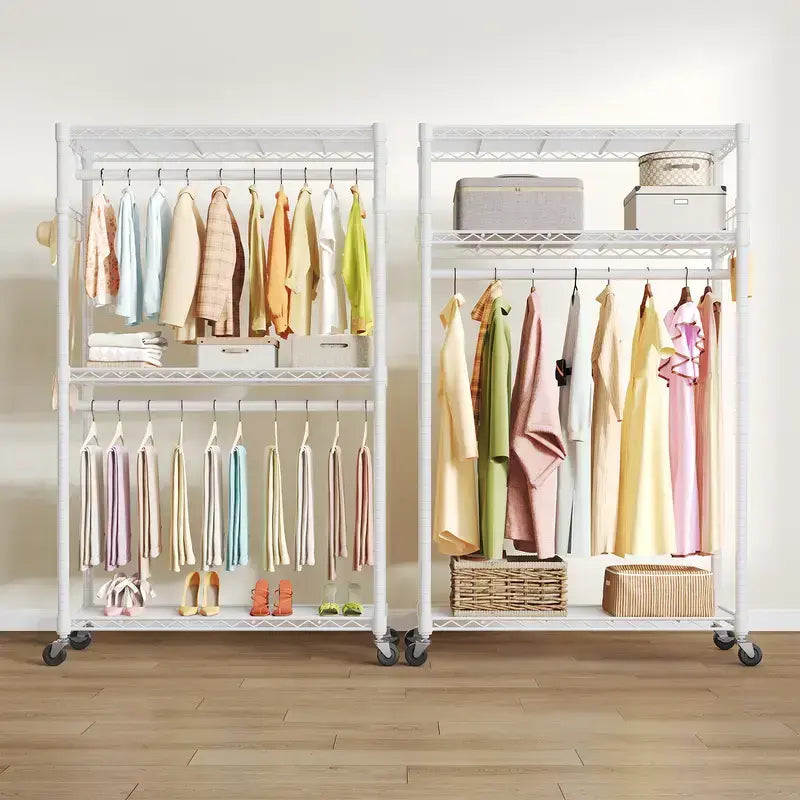 White Metal Rolling Garment Rack with Shelves