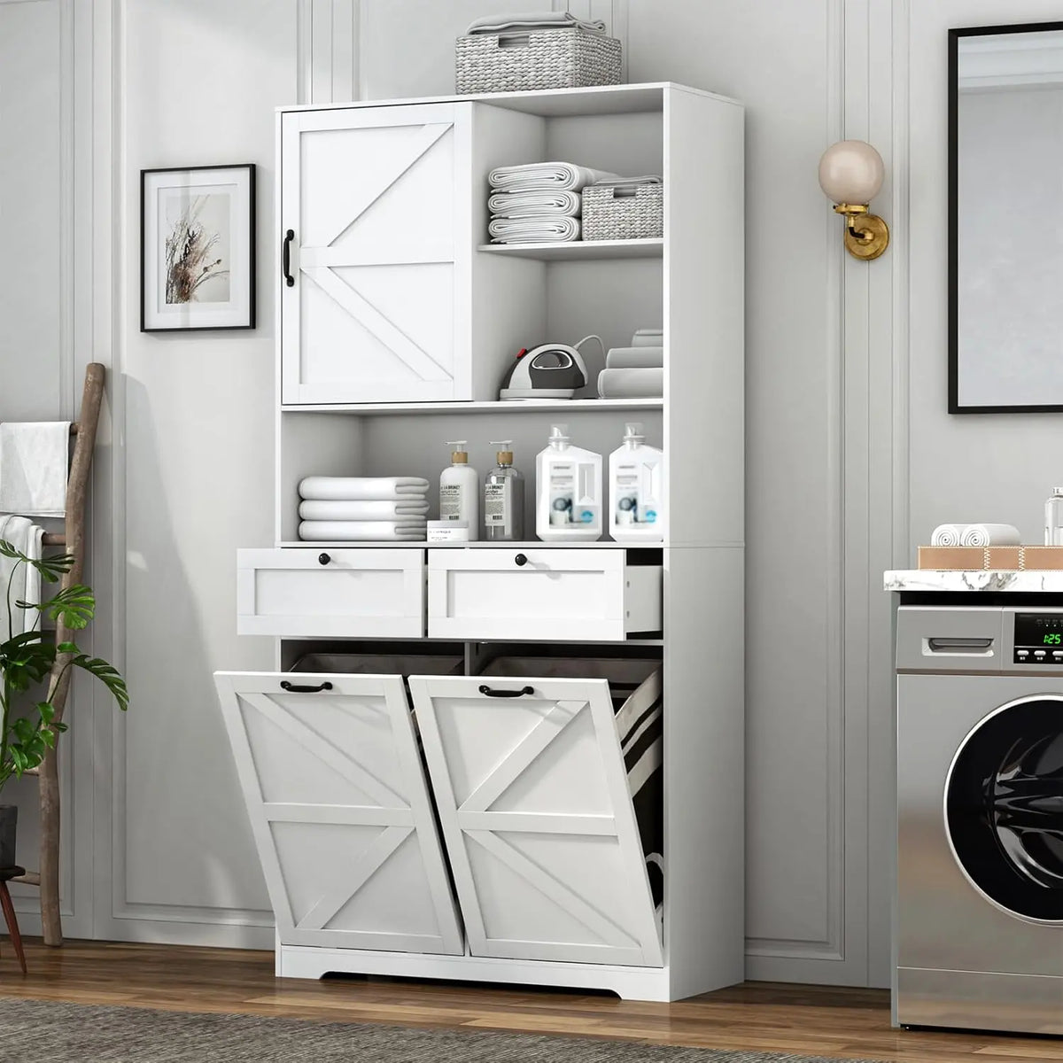 Tall White Laundry Cabinet with Tilt-Out Hampers