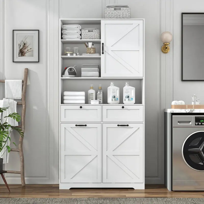 Tall White Laundry Cabinet with Tilt-Out Hampers